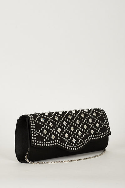 Ultra-Modern Black Clutch Handbag With Gem Details