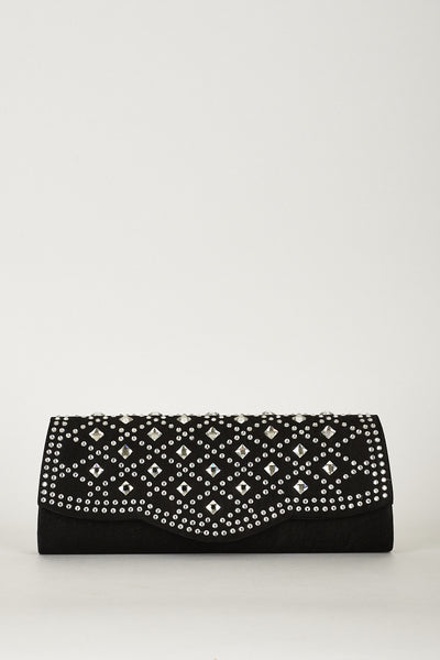 Ultra-Modern Black Clutch Handbag With Gem Details