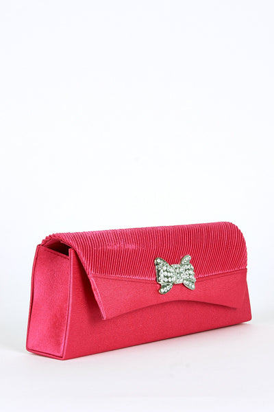 Pleated Top Panel Diamante Bow Detail Clutch Bag