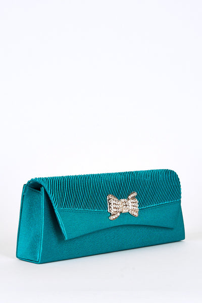 Pleated Top Panel Diamante Bow Detail Clutch Bag