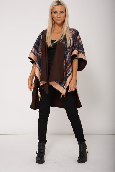 Abstract Print Poncho with Beige