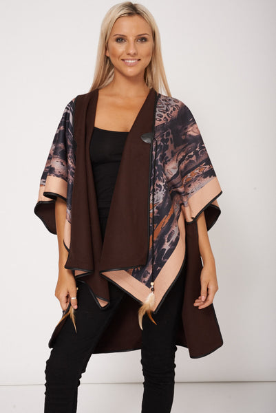 Abstract Print Poncho with Beige