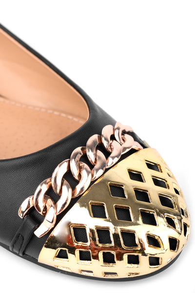 Faux Leather Pumps With Golden Chain And Cap Toe Detail