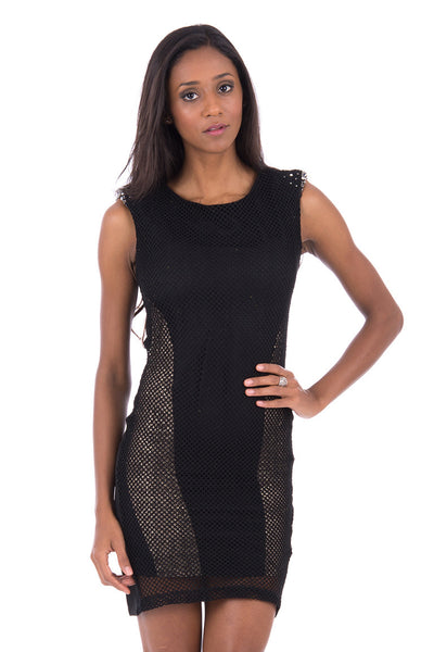 Black Bodycon Dress With Fishnet And Diamante Detail