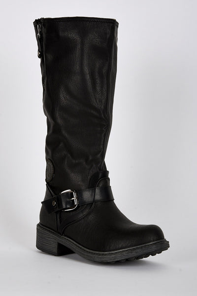 Buckle Detail Rounded Toe Calf Boots