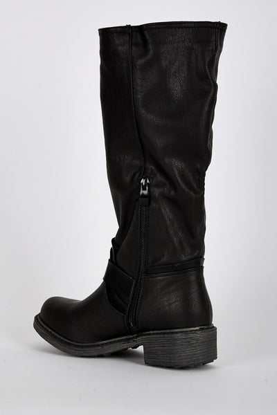 Buckle Detail Rounded Toe Calf Boots