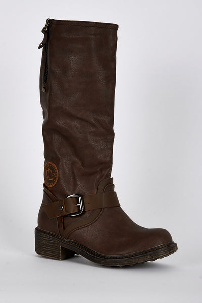 Buckle Detail Rounded Toe Calf Boots In Brown