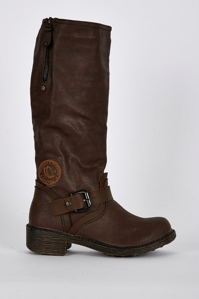 Buckle Detail Rounded Toe Calf Boots In Brown