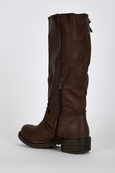 Buckle Detail Rounded Toe Calf Boots In Brown