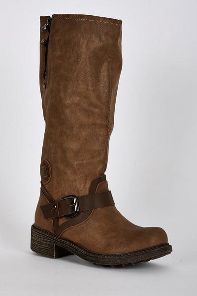 Two Tone Buckle Detail Rounded Toe Calf Boots