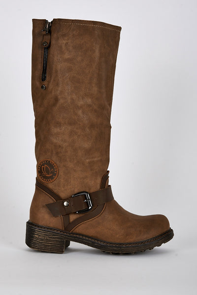 Two Tone Buckle Detail Rounded Toe Calf Boots