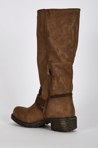 Two Tone Buckle Detail Rounded Toe Calf Boots