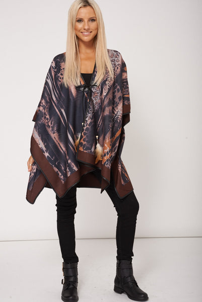 Abstract Print Poncho with Brown