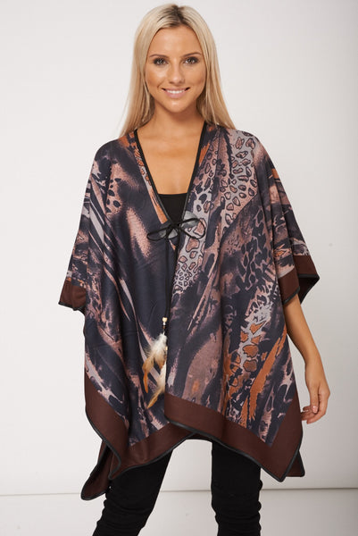 Abstract Print Poncho with Brown