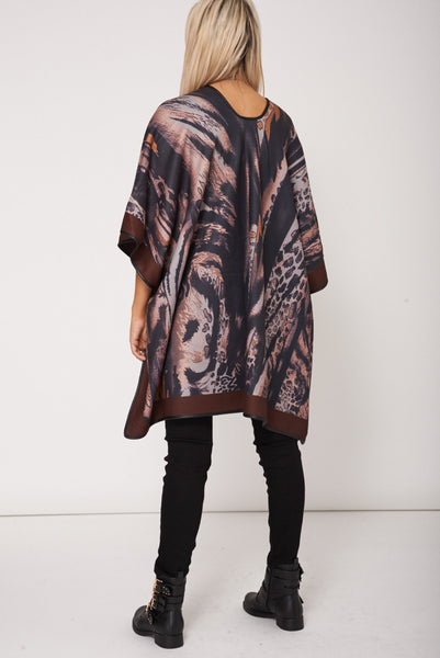 Abstract Print Poncho with Brown