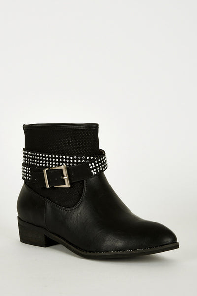 Double Strap With Diamante Detail Ankle Boots