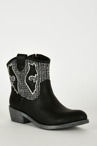 Textured Silver Leatherette Cowboy Boots In Black