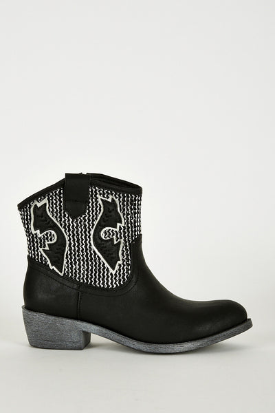 Textured Silver Leatherette Cowboy Boots In Black