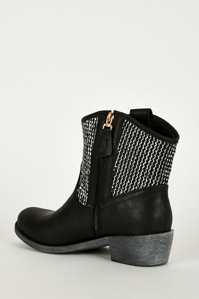 Textured Silver Leatherette Cowboy Boots In Black