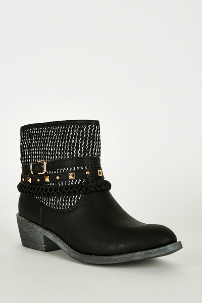 Triple Strap Detail Leatherette Western Style Boots