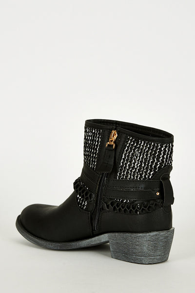 Triple Strap Detail Leatherette Western Style Boots