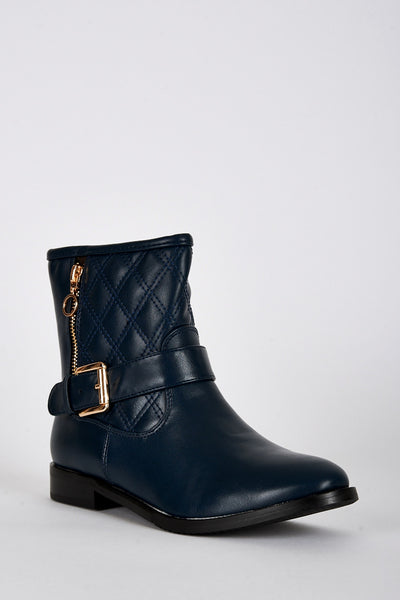 Quilted Design Buckle Detail Boots in Blue