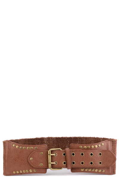 Elasticated Belt With Studded Faux Leather Front