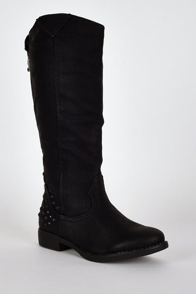 Studded Star Cut Out Design Leatherette Calf Boots