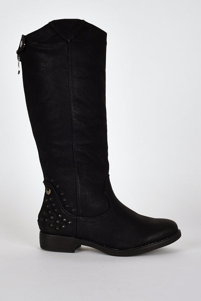 Studded Star Cut Out Design Leatherette Calf Boots