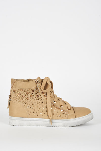 Beige Diamante Zip Detail Trainer