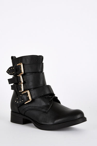 Strap Buckle Lace Up Detail Biker Boots