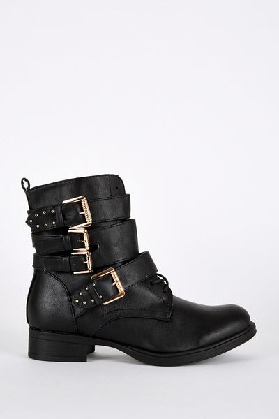 Strap Buckle Lace Up Detail Biker Boots