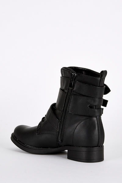 Strap Buckle Lace Up Detail Biker Boots