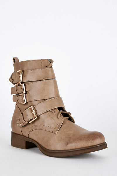 Strap Buckle Lace Up Detail Biker Boots