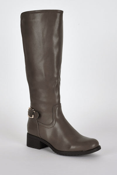 Stretch Panel Leatherette Boots in Khaki Brown