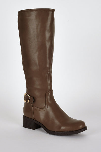 Stretch Panel Leatherette Boots in Khaki Brown