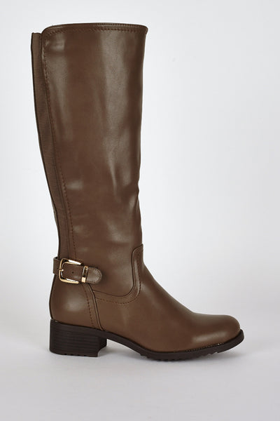 Stretch Panel Leatherette Boots in Khaki Brown