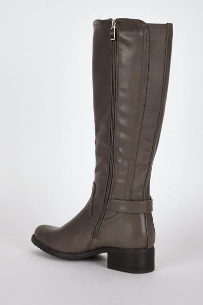 Stretch Panel Leatherette Boots in Khaki Brown