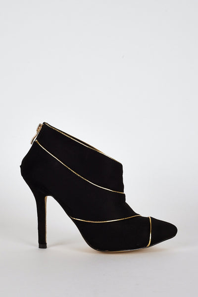 Suedette Gold Coloured Trim High Heel Ankle Boots In Black