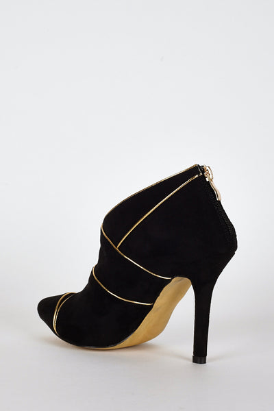 Suedette Gold Coloured Trim High Heel Ankle Boots In Black