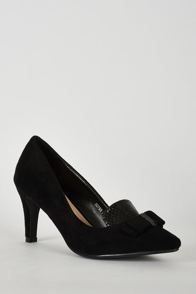 Black Faux Suede Court Shoe with Bow Detail