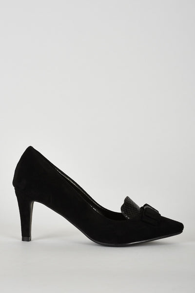 Black Faux Suede Court Shoe with Bow Detail