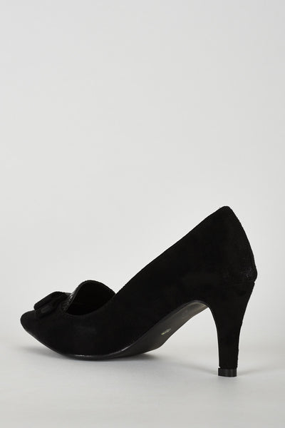 Black Faux Suede Court Shoe with Bow Detail