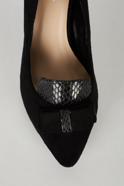 Black Faux Suede Court Shoe with Bow Detail