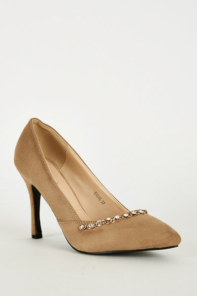 Faux Suede Court Shoe with Chain Detail in Beige