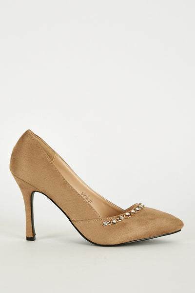 Faux Suede Court Shoe with Chain Detail in Beige