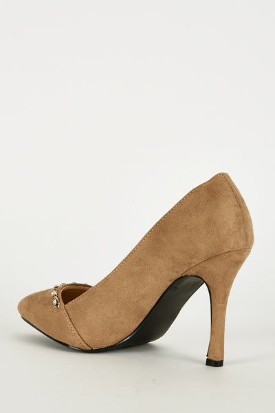 Faux Suede Court Shoe with Chain Detail in Beige