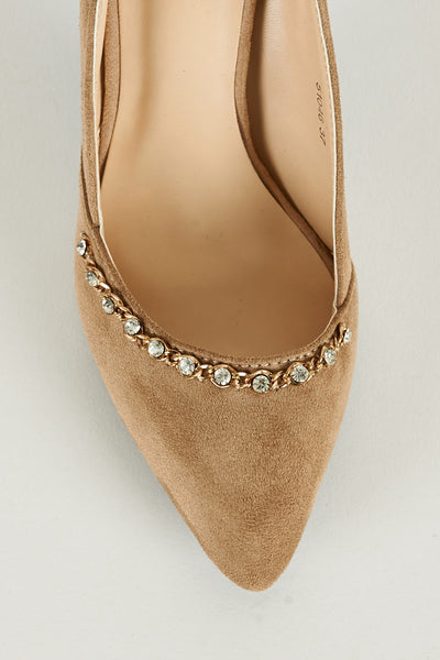 Faux Suede Court Shoe with Chain Detail in Beige