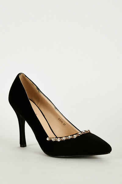 Faux Suede Court Shoe with Chain Detail in Black