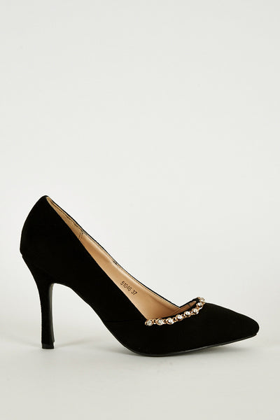 Faux Suede Court Shoe with Chain Detail in Black